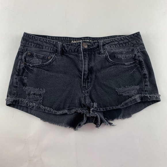 American Eagle Outfitters Pants - American Eagle Retro Black Distressed Denim Tomgirl Shortie Cutoff Shorts 12